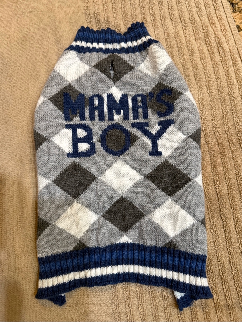 Dog Item : “Mama's Boy” Argyle Knit DOG size S - Sweater - Navy Blue & Gray